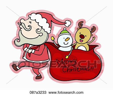 Christmas with santa and snowman, rudolph from red sack View Large Illustration Drawing - Christmas with santa and snowman, rudolph from red sack. Fotosearch