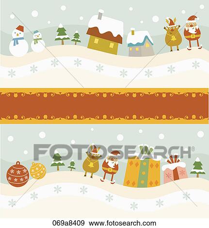 Christmas with snowmen, gift, rudolph, and santa View Large Illustration Stock Illustration - Christmas with snowmen, gift, rudolph, and santa. Fotosearch