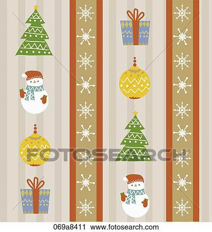 Clip Art - Christmas with tree, snowemn, gift decorations. Fotosearch