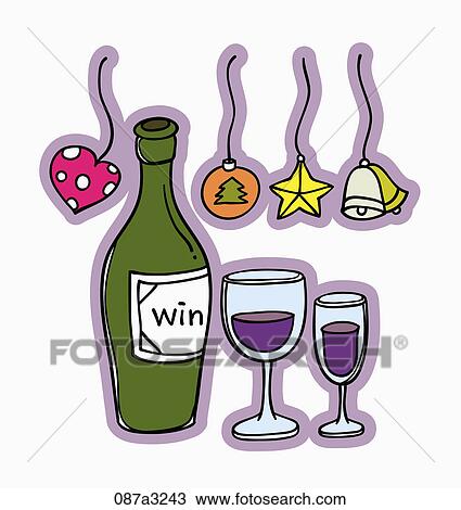 Drawing - Christmas with wine and glasses. Fotosearch