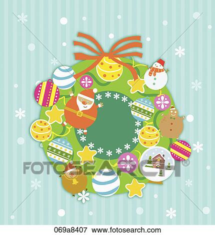 Stock Illustration - Christmas with wreth and decorations. Fotosearch