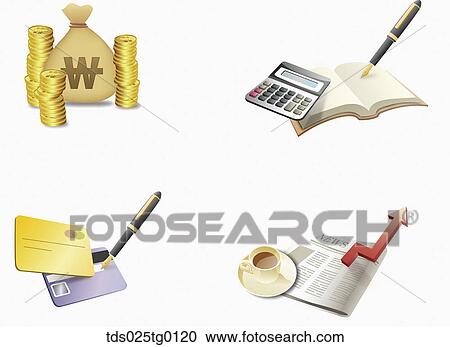 Clipart - Coins with a currency unit, a card and a calculator . Fotosearch