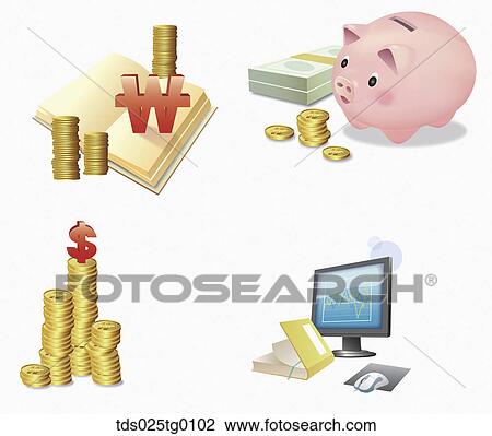 Drawing - Coins with currency units, a monitor and a saving box. Fotosearch
