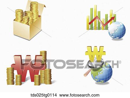 Coins with currency units and globes View Large Illustration Stock Illustration - Coins with currency units and globes. Fotosearch