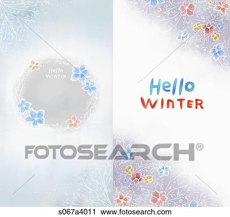 Clip Art - colorful flowers and red, blue colored hellow winter word. Fotosearch