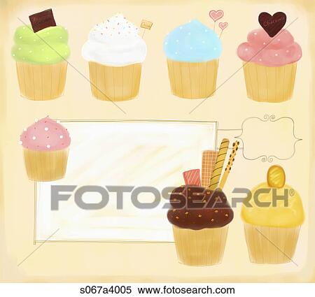 colorful muffins with brown background View Large Illustration Stock Illustration - colorful muffins with brown background. Fotosearch