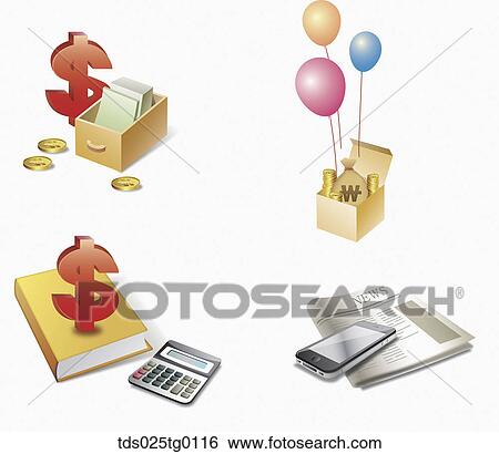 Stock Illustration - Currency units with a mobile phone and a calculator . Fotosearch