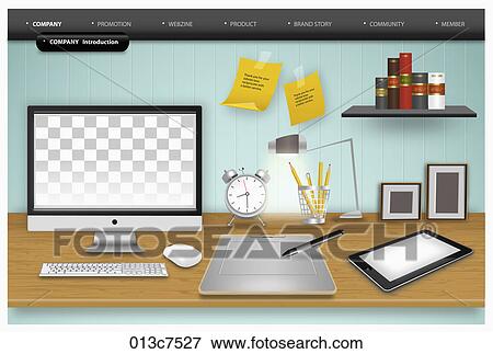 desk with tablet and PC View Large Illustration Stock Illustration - desk with tablet and PC. Fotosearch