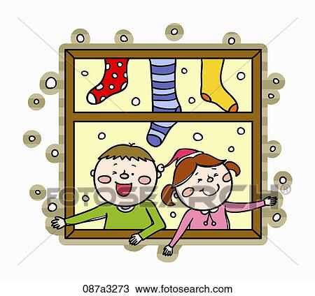 excited children out of window on Christmas View Large Illustration Drawing - excited children out of window on Christmas. Fotosearch