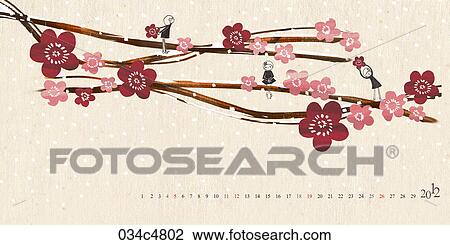 February calendar with cherry blossom in 2012 View Large Illustration Drawing - February calendar with cherry blossom in 2012. Fotosearch