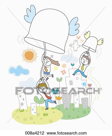 flying people hanging on bells over town View Large Illustration Drawing - flying people hanging on bells over town . Fotosearch