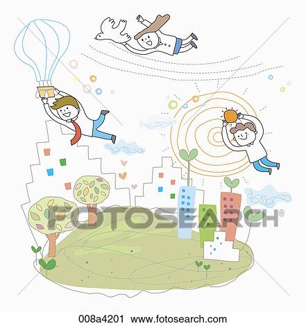 flying people hanging on birld, hot-air baloom, and sun each View Large Illustration Clip Art - flying people hanging on birld, hot-air baloom, and sun each. Fotosearch