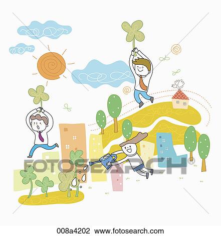 flying people hanging on clovers and watering plants. View Large Illustration Drawing - flying people hanging on clovers and watering plants. . Fotosearch