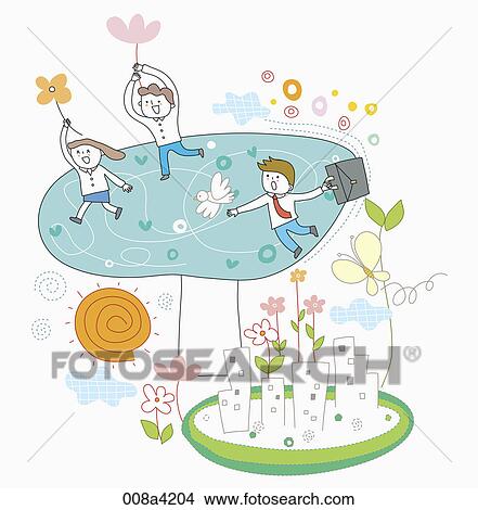 Stock Illustration - flying people hanging on flowers and suitcase above buildings. Fotosearch