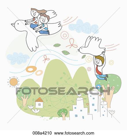 Clipart - flying people on birds over town . Fotosearch