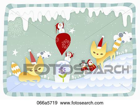 foxes and snowmen wearing santa clothes with winter background View Large Illustration Stock Illustration - foxes and snowmen wearing santa clothes with winter background. Fotosearch