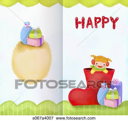 Stock Illustration - girl from red sock and gifts with happy word. Fotosearch