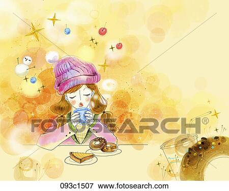 girl having doughnut and coffee with brown background View Large Illustration Stock Illustration - girl having doughnut and coffee with brown background. Fotosearch
