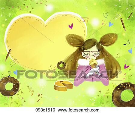 girl having icecream and cake with yellow heart and green background View Large Illustration Clipart - girl having icecream and cake with yellow heart and green background. Fotosearch