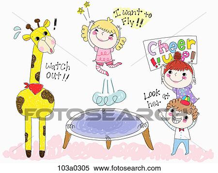 Stock Illustration - girl jumping on the trampolin with friends and giraffe around. Fotosearch