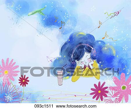 girl listening to music with pink flowers and blue background View Large Illustration Clip Art - girl listening to music with pink flowers and blue background. Fotosearch