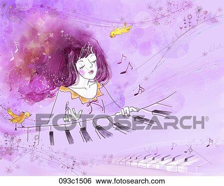 Stock Illustration - girl playing the piano with purple background. Fotosearch