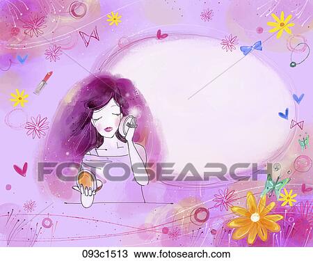 Drawing - girl putting on cosmetics with purple background. Fotosearch