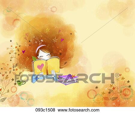 Stock Illustration - girl reading books with brown background. Fotosearch