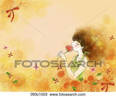 girl smelling red rose with brown background View Large Illustration Drawing - girl smelling red rose with brown background. Fotosearch