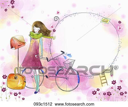 girl standing by bicycle and post box with pink background View Large Illustration Drawing - girl standing by bicycle and post box with pink background. Fotosearch