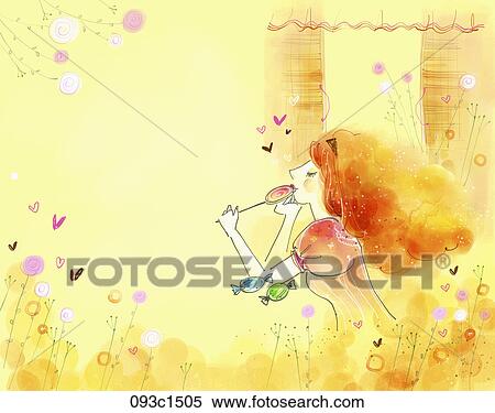 Stock Illustration - girl tasting candy with yellow background. Fotosearch
