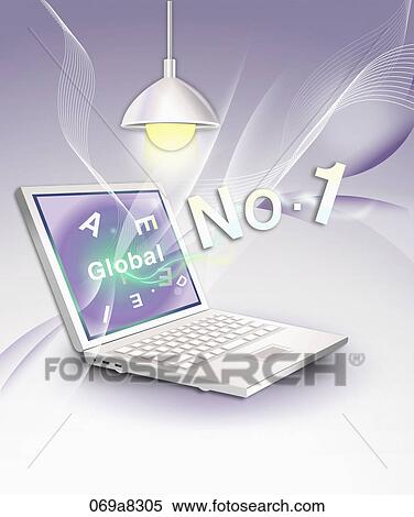 Stock Illustration - Global No. 1 with laptop and light . Fotosearch
