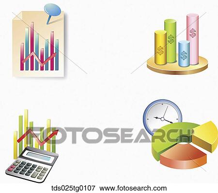 Stock Illustration - Graphs with a clock and a calculator . Fotosearch