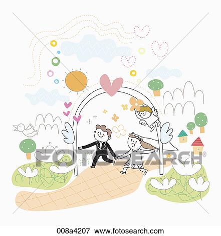 Stock Illustration - groom and bride with little angel . Fotosearch