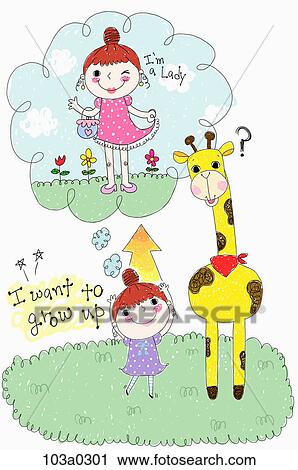 Clip Art - little girl wanting to be grown with giraffe. Fotosearch