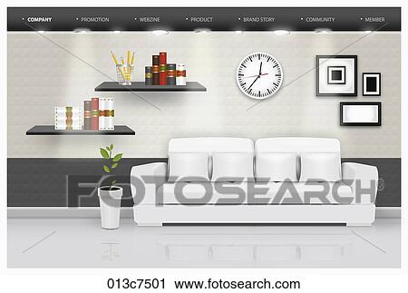 lounge with sofa, books, plant, and a clock View Large Illustration Clip Art - lounge with sofa, books, plant, and a clock. Fotosearch