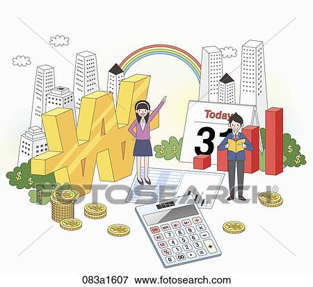 Stock Illustration - man and woman with chart, calculator, and money mark . Fotosearch