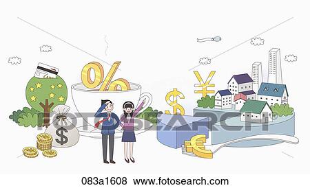 man and woman with currency marks and buildings on graph View Large Illustration Stock Illustration - man and woman with currency marks and buildings on graph . Fotosearch