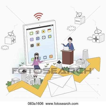 Stock Illustration - man and woman with tablet PC and yellow chart . Fotosearch