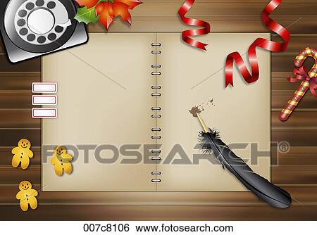 Stock Illustration - note with christmas decorations of ginger men, feather pen, and cane. Fotosearch