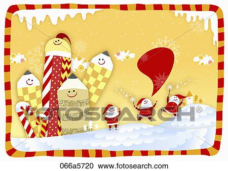 Clipart - pencils and snowmen wearing santa clothes with yellow winter background. Fotosearch