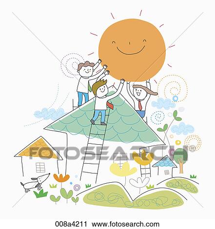 people holding up the smiling sun on the roof View Large Illustration Clip Art - people holding up the smiling sun on the roof. Fotosearch