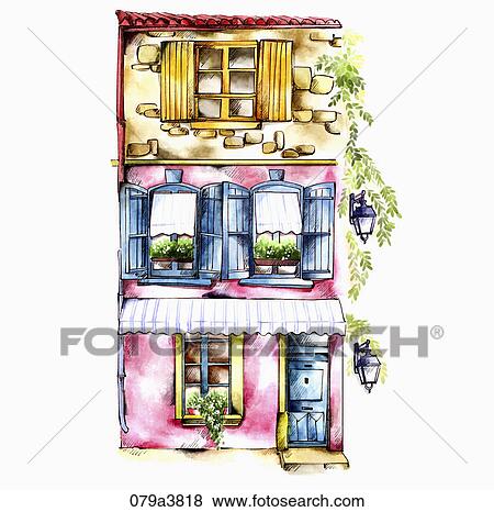 pink and brown colored building with blue and yellow windows View Large Illustration Stock Illustration - pink and brown colored building with blue and yellow windows. Fotosearch