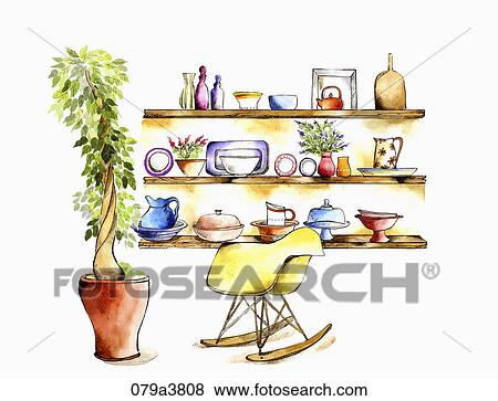 Stock Illustration - plant, dishes on shelves, and chair. Fotosearch