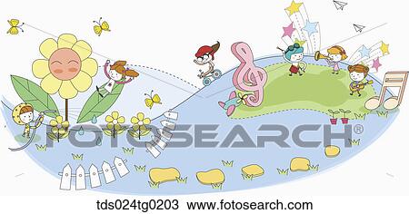 Drawing - playing children with note. Fotosearch