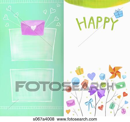 purple envelope, gifts, ribbon, and pinwheel with green happy word View Large Illustration Stock Illustration - purple envelope, gifts, ribbon, and pinwheel with green happy word. Fotosearch
