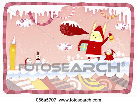 rabbit and snowmen wearing stanta clothes with pink background View Large Illustration Stock Illustration - rabbit and snowmen wearing stanta clothes with pink background. Fotosearch