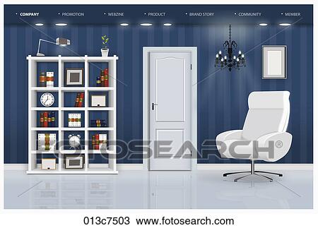 room with bookshelves, door, chair, and light View Large Illustration Drawing - room with bookshelves, door, chair, and light. Fotosearch