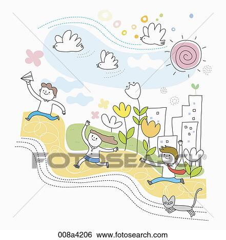 Stock Illustration - running people on the road with birlds, flowers, buildings around. Fotosearch