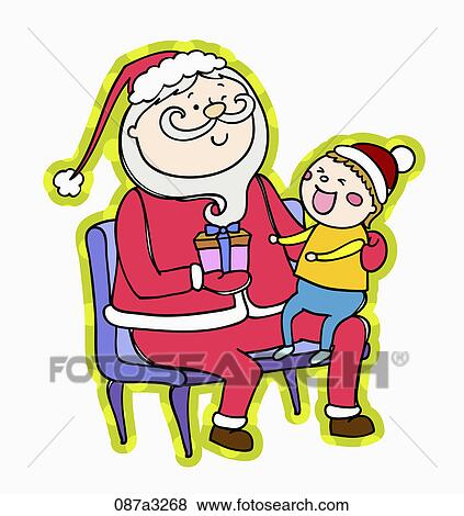 Stock Illustration - Santa giving gift to pleasing kid . Fotosearch